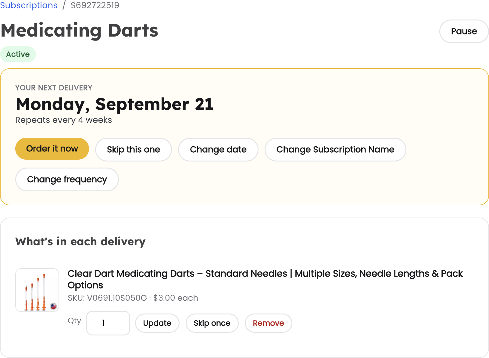 The Subscriptions page in your account, where you skip, reschedule, or change deliveries